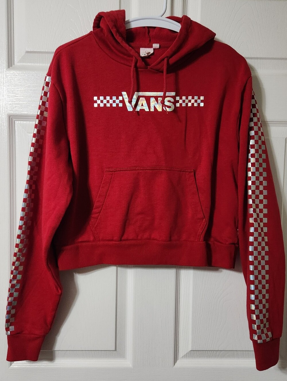Vans Red Cropped Hoodie with Silver Checkerboard Sleeves, Size S